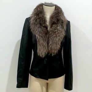 Caché Black Leather Jacket w/Fur Collar